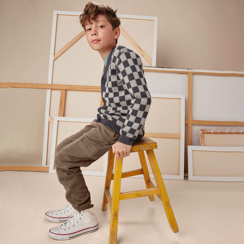 Little boy wearing Tea Collection Checkerboard Cardigan - Checkerboard