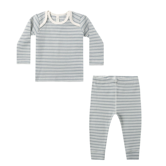 Quincy Mae Ribbed Tee + Legging Set - Steel Blue Micro Stripe