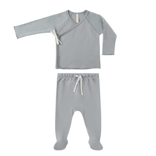 Quincy Mae Wrap Top + Footed Pant Set - Steel Blue