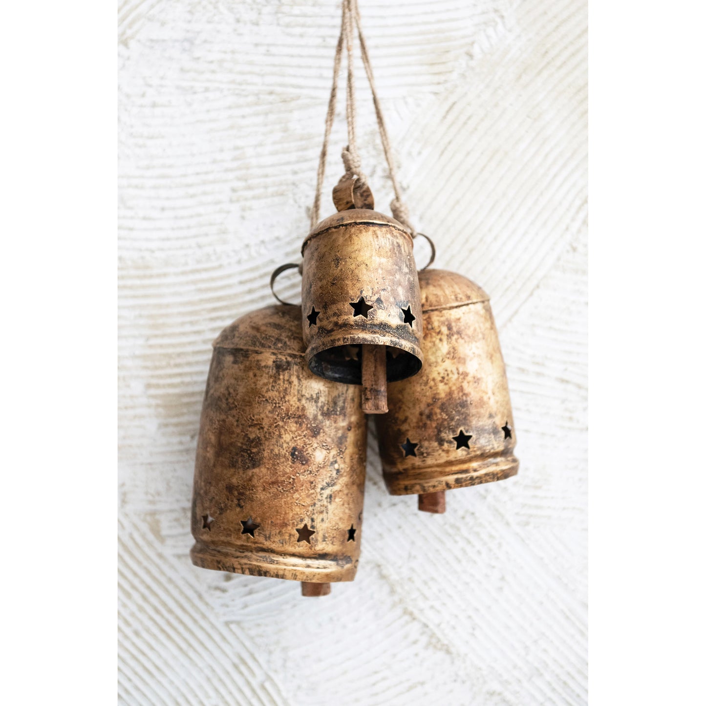 Creative Co-op Metal Bell on Jute Rope with Star Cut-Outs -  Heavily Distressed Antique Gold Finish