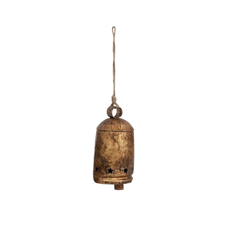 Creative Co-op Metal Bell on Jute Rope with Star Cut-Outs -  Heavily Distressed Antique Gold Finish