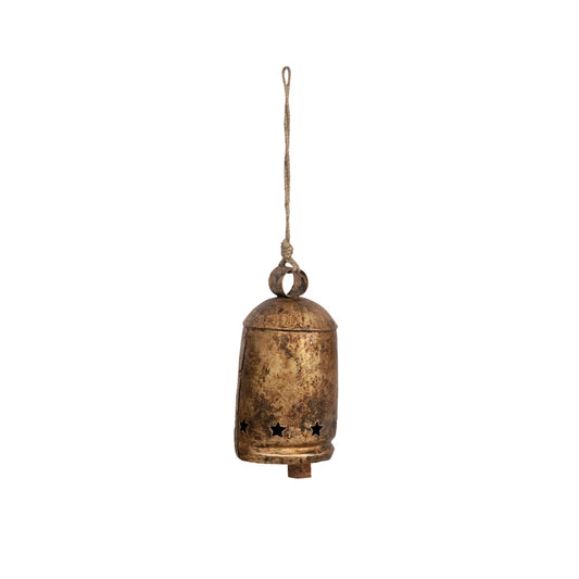 Creative Co-op Metal Bell on Jute Rope with Star Cut-Outs -  Heavily Distressed Antique Gold Finish