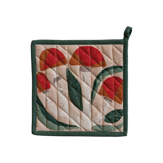 Creative Co-op Quilted Cotton Pot Holder with Mushrooms
