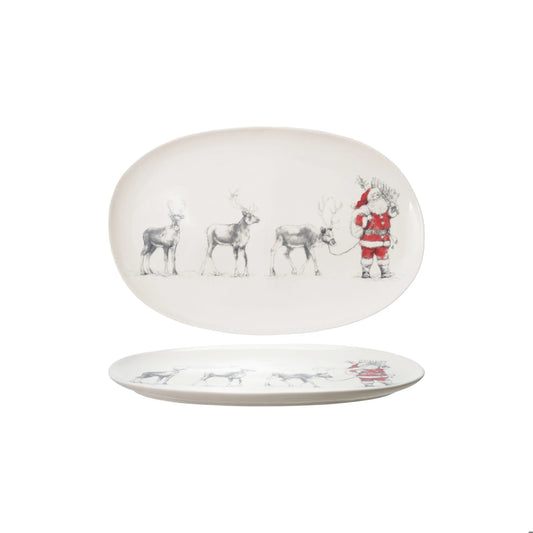 Creative Co-op Oval Stoneware Serving Platter with Santa Leading Reindeer