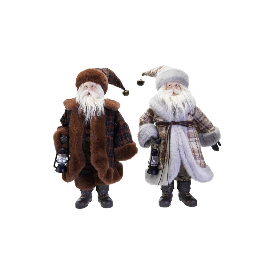 Creative Co-op Faux Fur Fabric & Resin Santa with Lantern