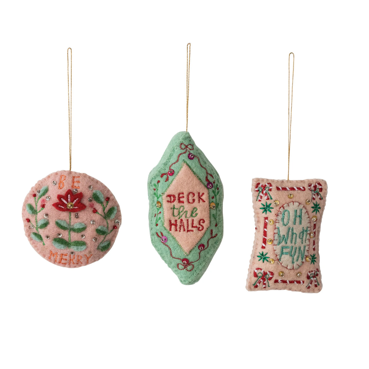 Creative Co-op Wool Felt Holiday Saying Ornament with Sequins & Beads – 3 Styles – 1 Sent at Random