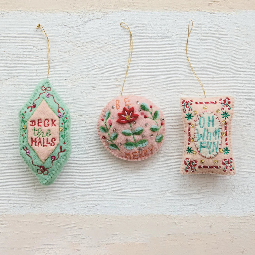 Creative Co-op Wool Felt Holiday Saying Ornament with Sequins & Beads – 3 Styles – 1 Sent at Random