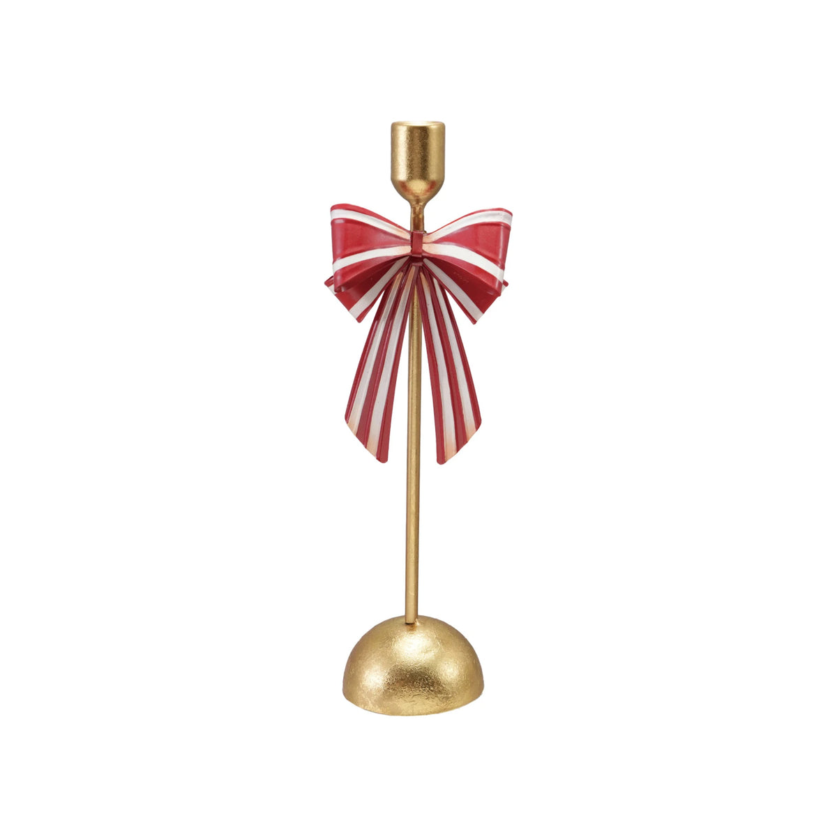 Creative Co-op Metal Taper Holder with Striped Bow – Gold Red & White