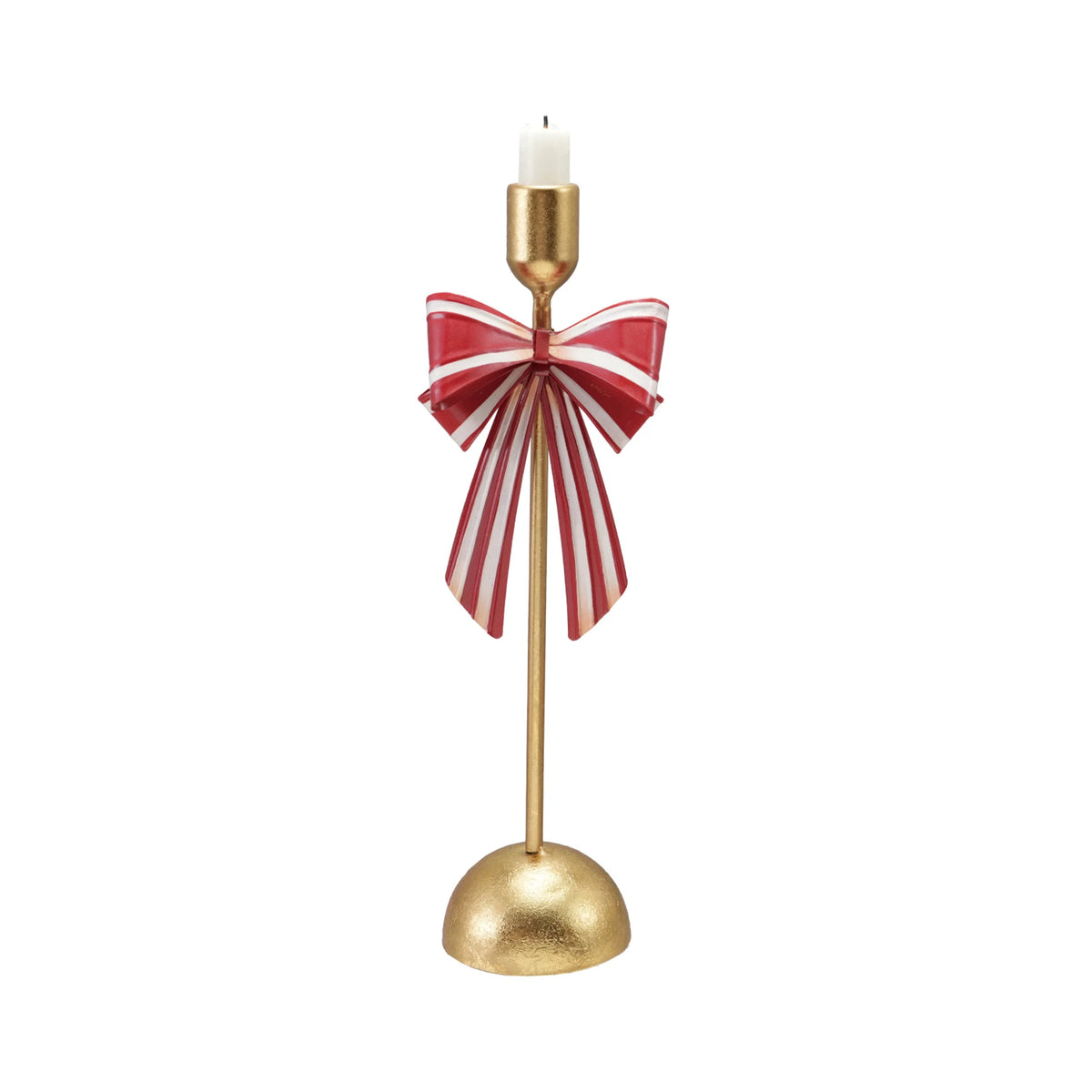 Creative Co-op Metal Taper Holder with Striped Bow – Gold Red & White