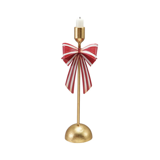 Creative Co-op Metal Taper Holder with Striped Bow – Gold Red & White