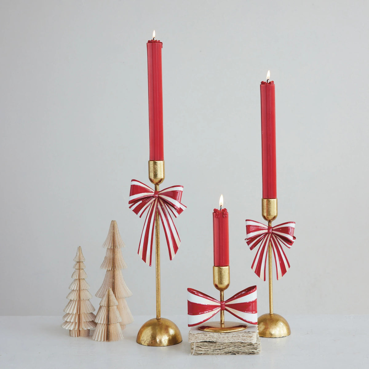 Creative Co-op Metal Taper Holder with Striped Bow – Gold Red & White