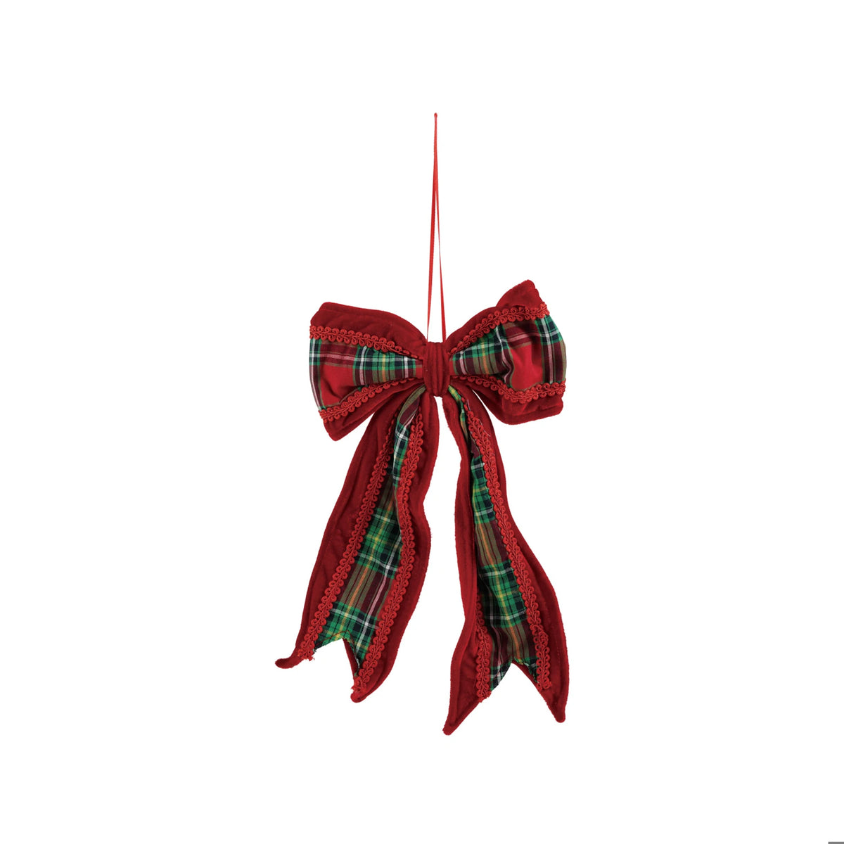 Creative Co-op Plaid Fabric Bow Ornament – Red & Green