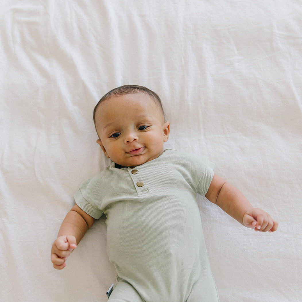 Baby wears Quinn St Ribbed Romper - Sage