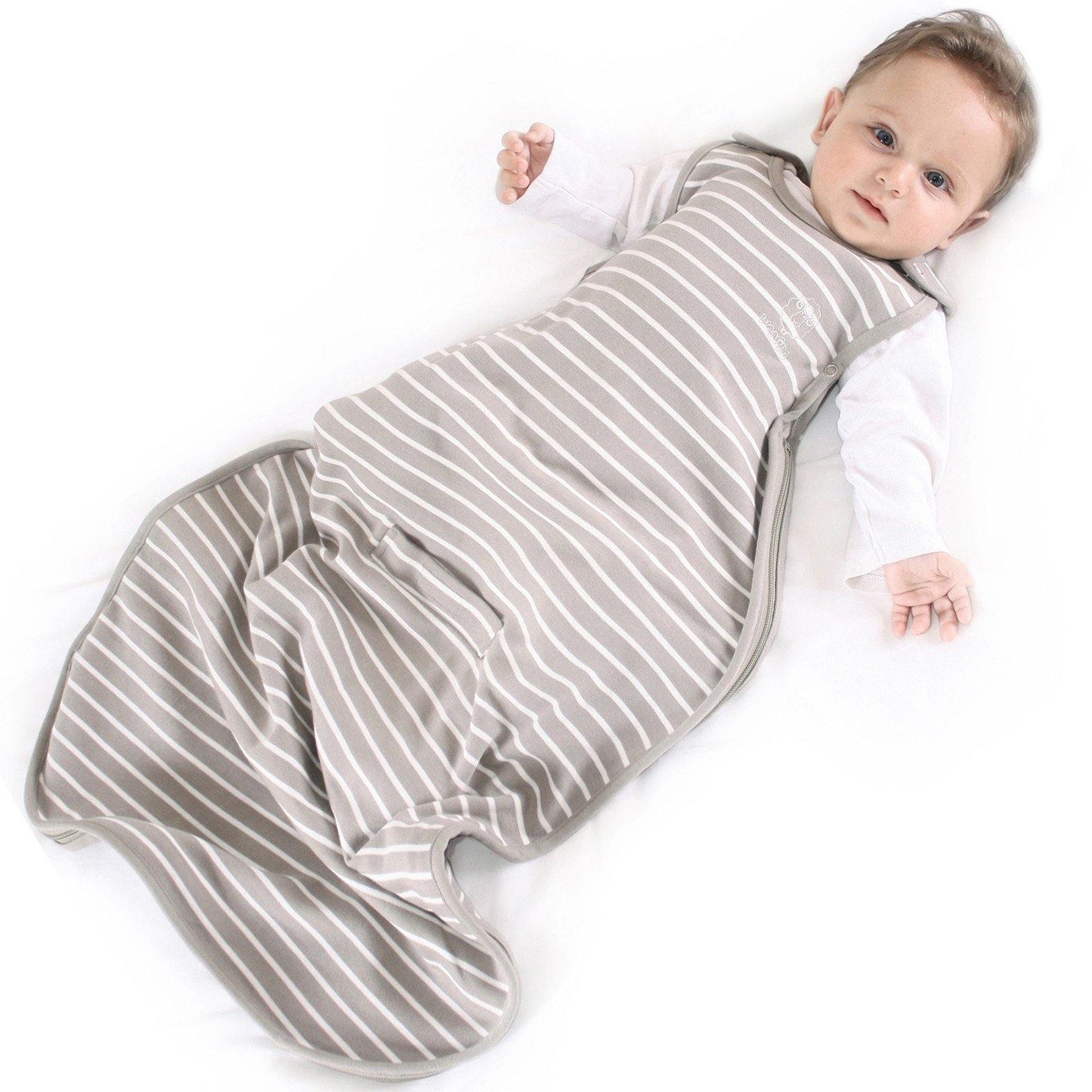 Baby wearing Woolino 4 Season Baby Sleep Bag in Merino Wool - Earth