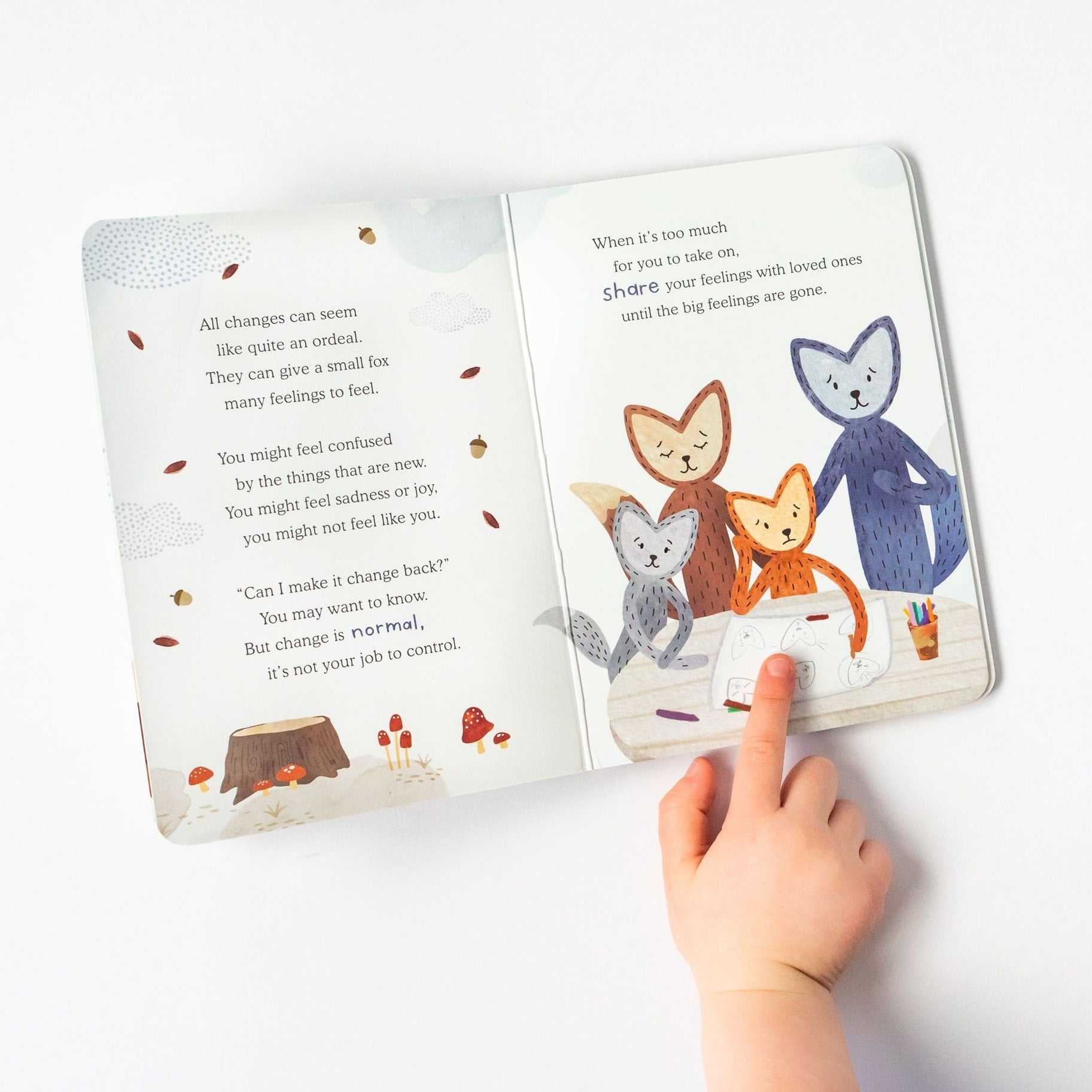Child points to a page in Slumberkins Fox Snuggler - Maple / Brown book