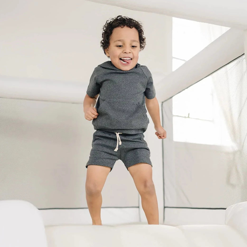 Child wearing Mebie Baby Pocket Cotton Shorts - Charcoal