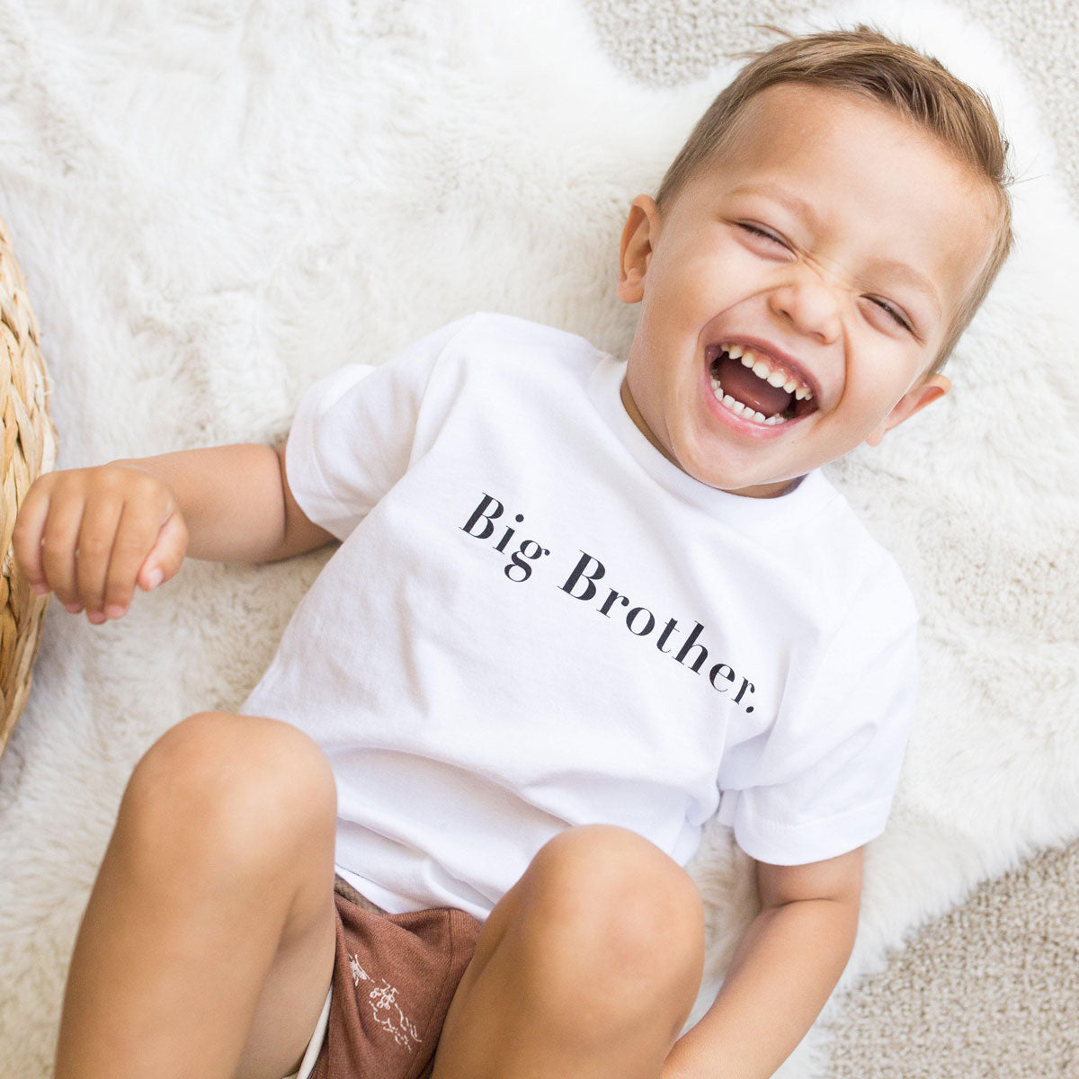 Little Boy wearing The Baby Cubby Big Brother Tee - White