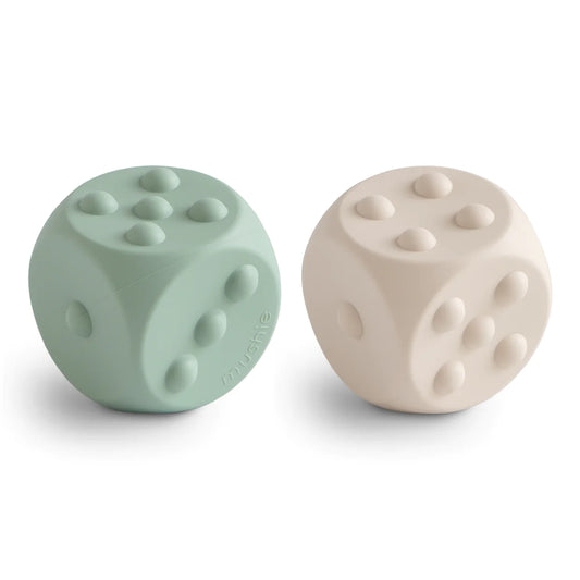 Mushie Dice Press Toy 2-Pack - Cambridge Blue / Shifting Sands
