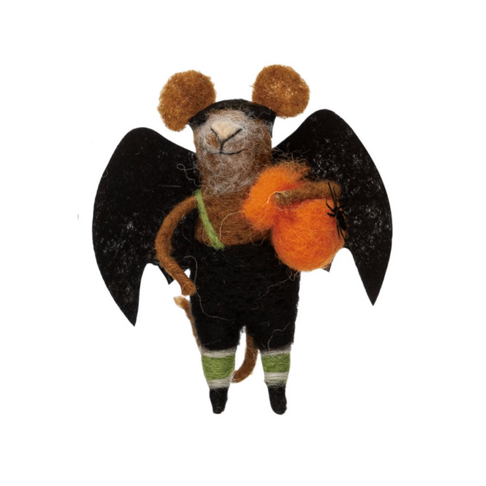 Creative Co-op Wool Felt Halloween Mouse - 6" - Bat with Green Suspenders