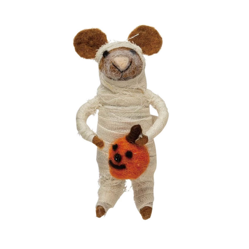 Creative Co-op Wool Felt Halloween Mouse - 6" - Mummy with Pumpkin