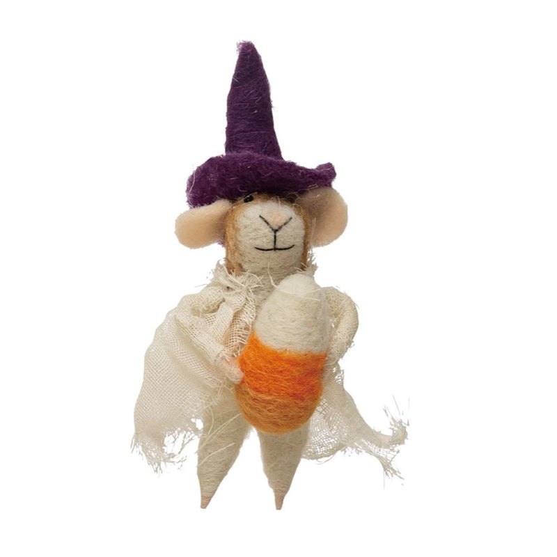 Creative Co-op Wool Felt Halloween Mouse - 6" - Wizard with Candy Corn