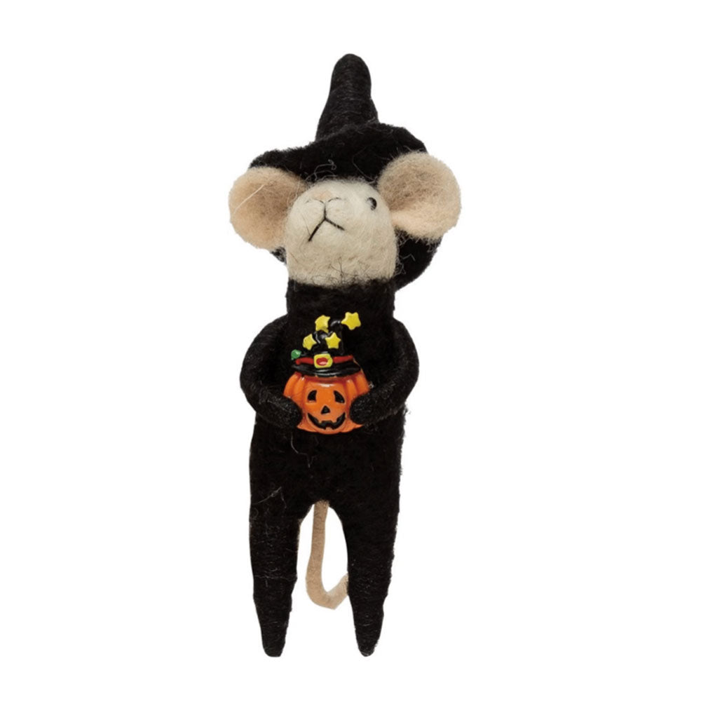 Creative Co-op Wool Felt Halloween Mouse - 6" - Wizard with Jack-O-Lantern