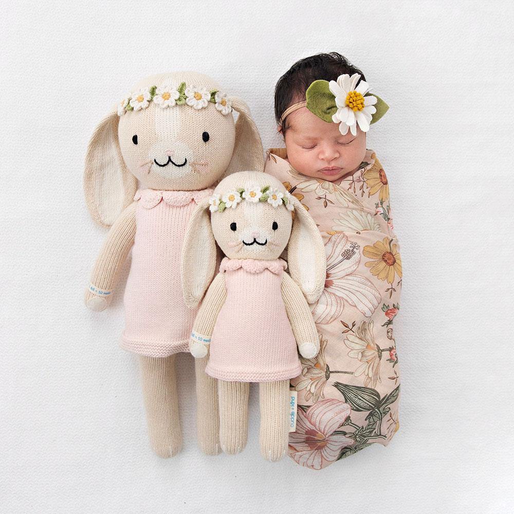 Newborn baby sleeping next to Cuddle and Kind Hannah the Bunny - Blush