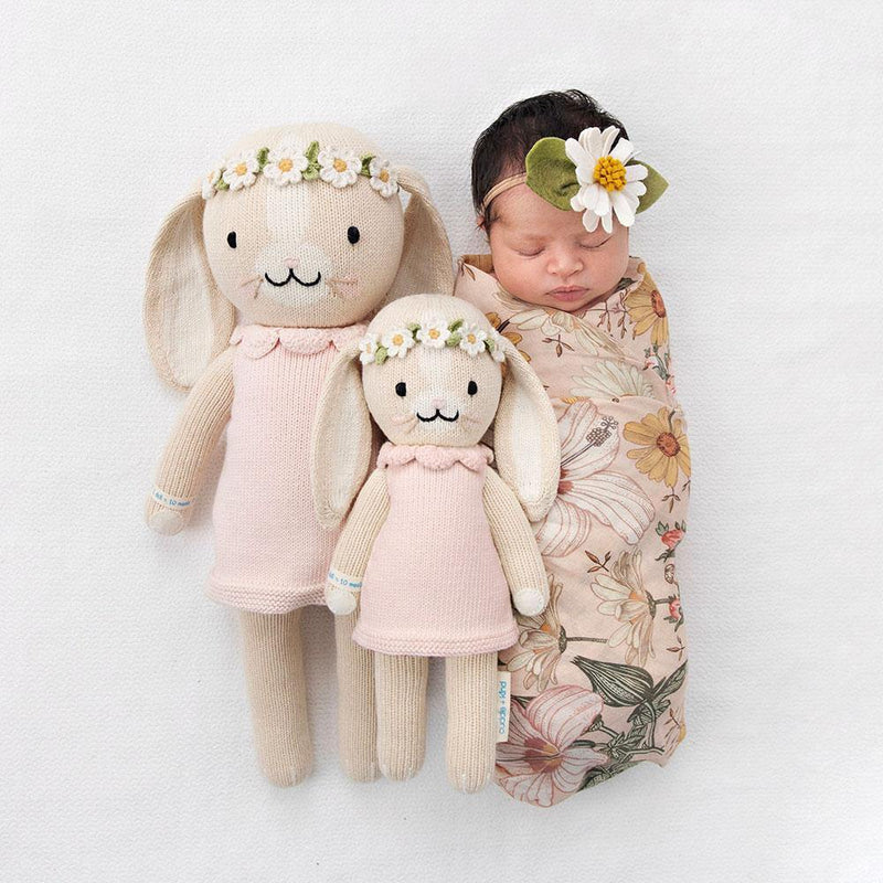 Newborn baby sleeping next to Cuddle and Kind Hannah the Bunny - Blush