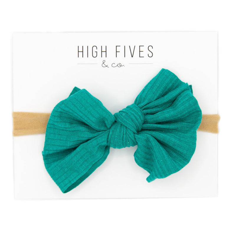 High Fives Ribbed Knitted Bow Nylon Headband - Aqua Sparkle