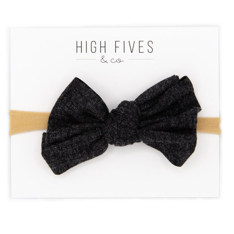 High Fives Ribbed Knitted Bow Nylon Headband - Black Sparkle