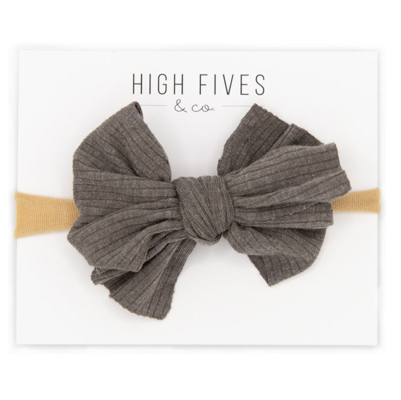 High Fives Ribbed Knitted Bow Nylon Headband - Dark Grey Sparkle