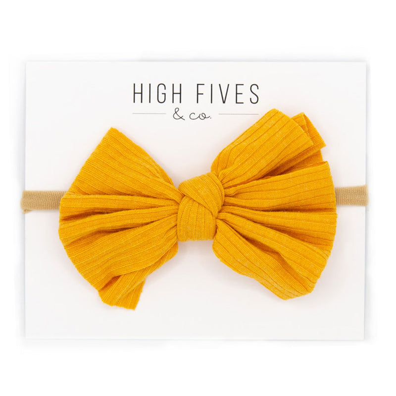 High Fives Ribbed Knitted Bow Nylon Headband - Golden Yellow Sparkle