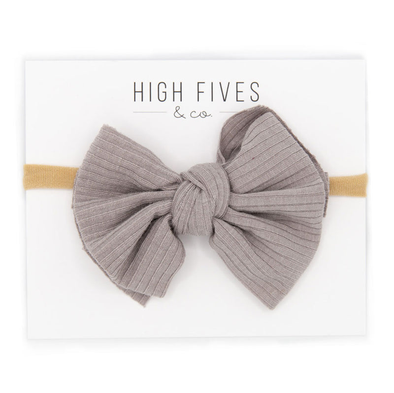 High Fives Ribbed Knitted Bow Nylon Headband - Light Grey Sparkle