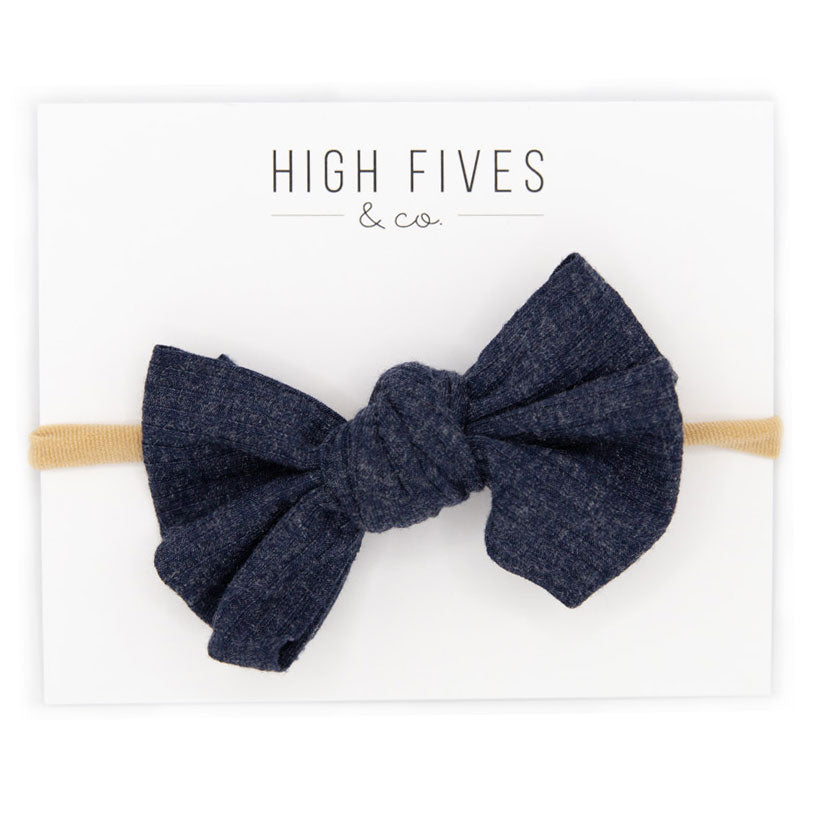High Fives Ribbed Knitted Bow Nylon Headband - Navy Sparkle