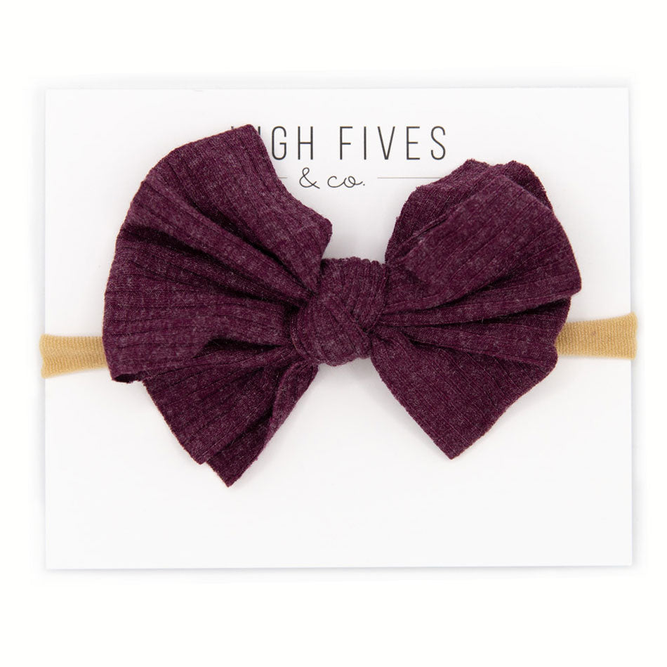 High Fives Ribbed Knitted Bow Nylon Headband - Purple Sparkle