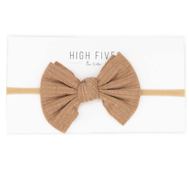 High Fives Ribbed Knitted Bow Nylon Headband - Tan Sparkle