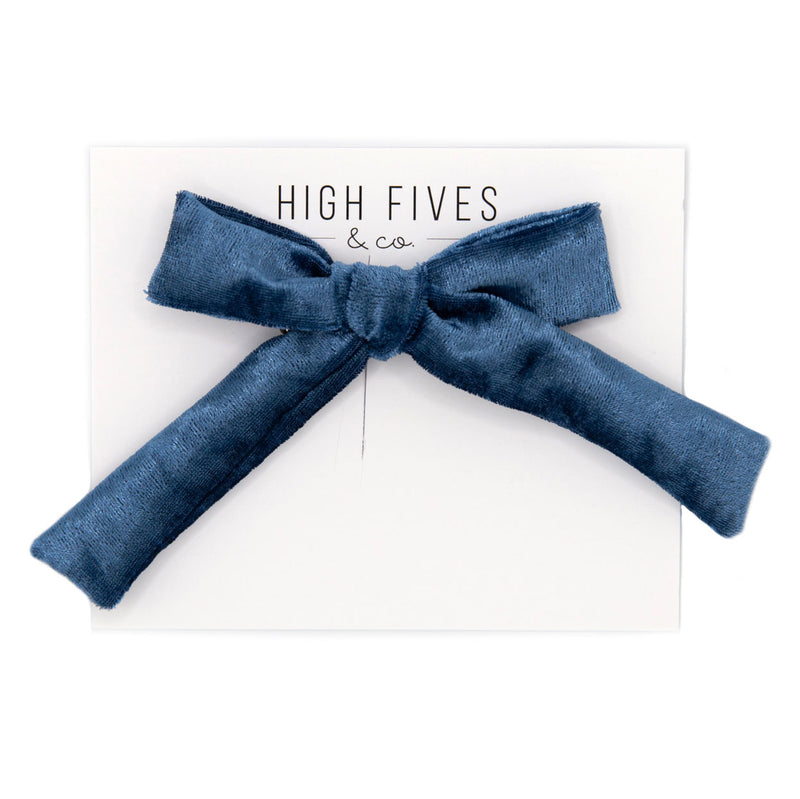 High Fives School Day Velvet Bow Clip with Long Tails - French Blue
