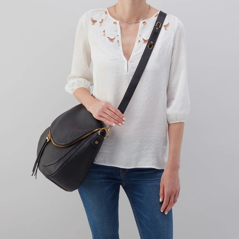 Woman Wearing Hobo Bags Fern Convertible Shoulder Bag - Velvet Pebbled Leather - Black
