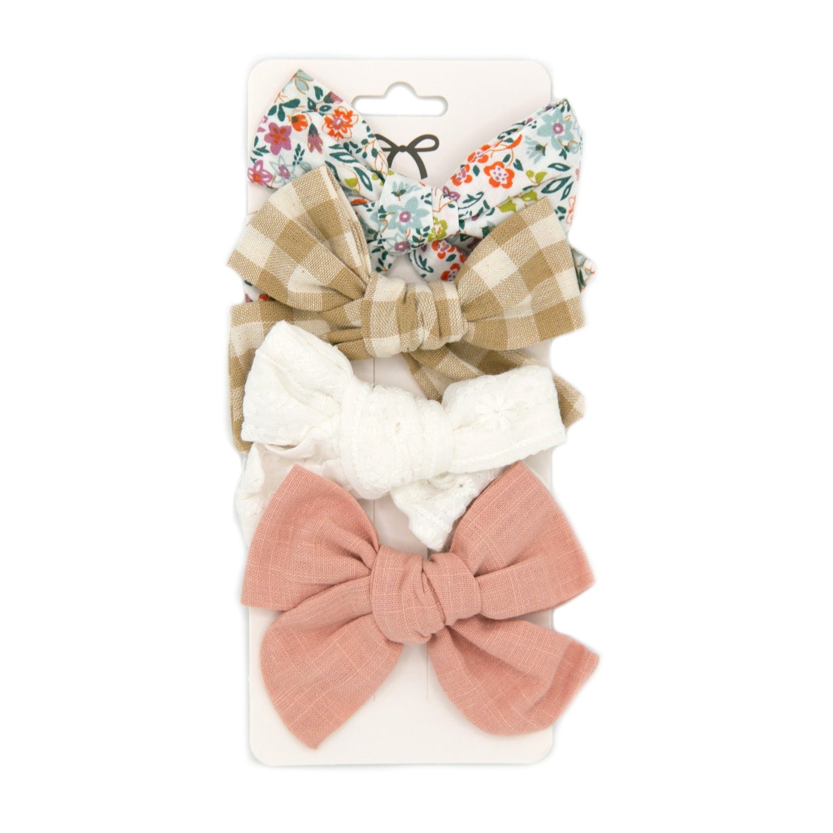 The Baby Cubby Bow Clip 4 Pack Set - Bright Floral, Tan Check, Pure White Eyelet, Blush