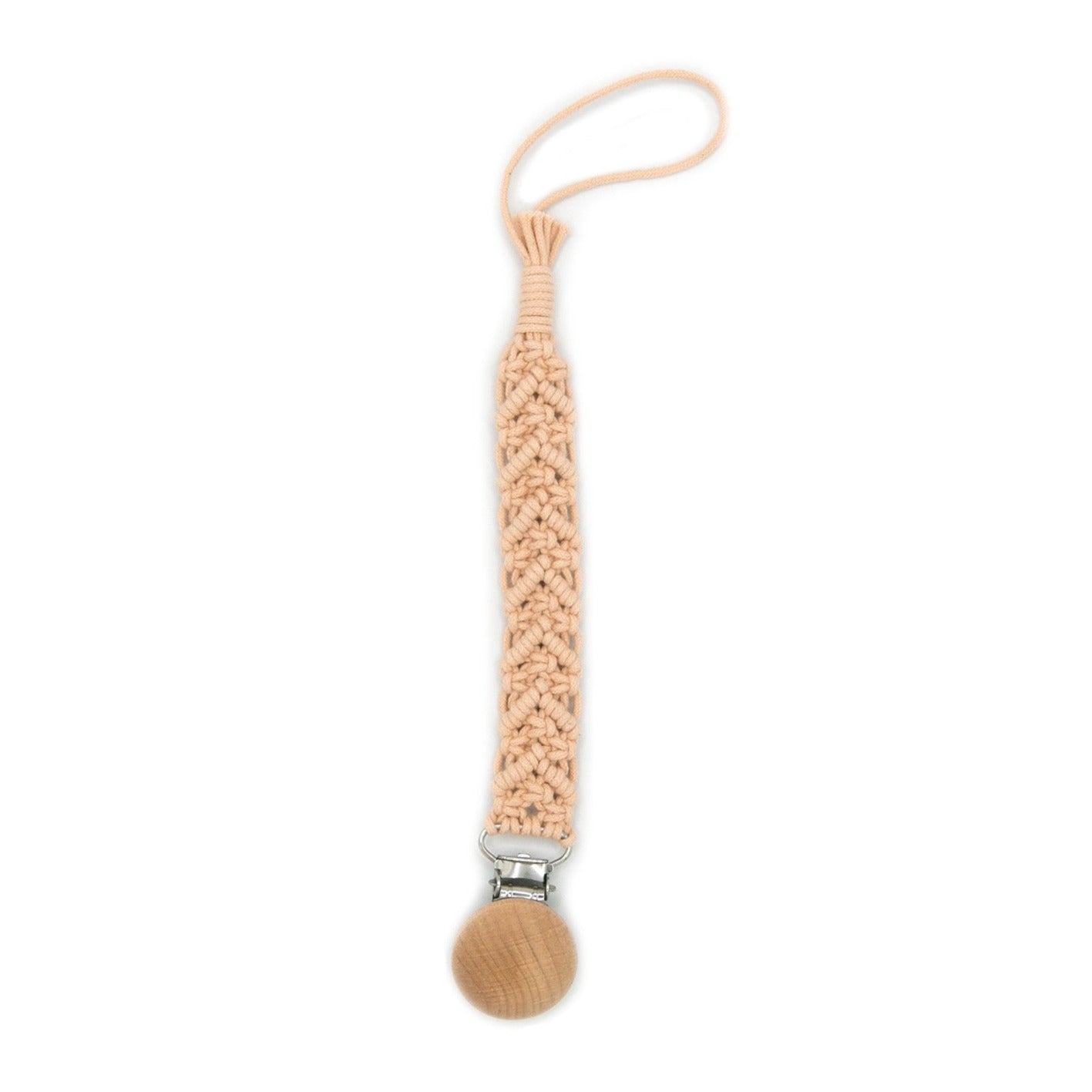 Baby Cubby Wood Top Macrame Pacifier Clip - Pale Peach / V Shaped