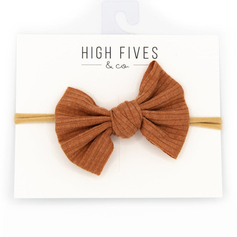 High Fives Ribbed Knitted Bow Nylon Headband - Camel Sparkle