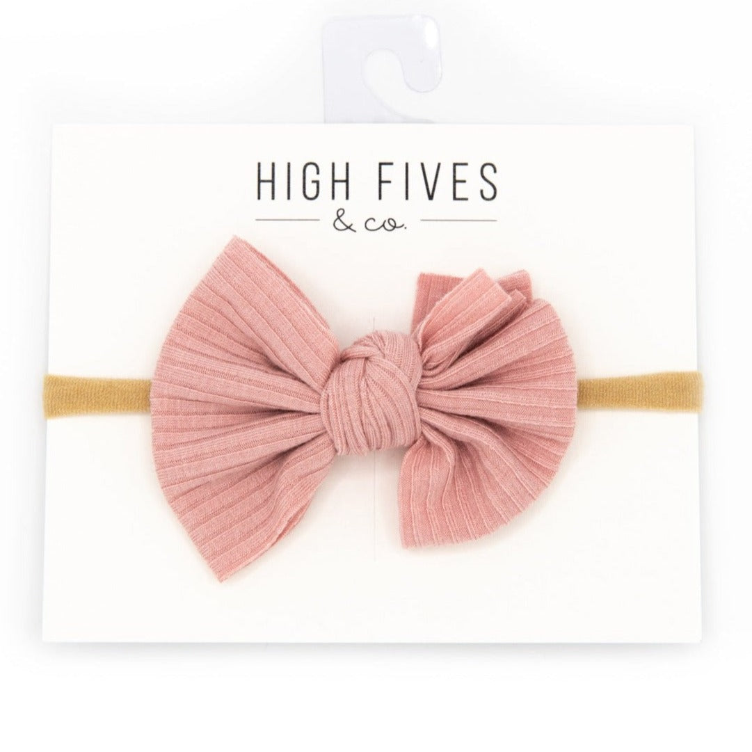 High Fives Ribbed Knitted Bow Nylon Headband - Blush Sparkle