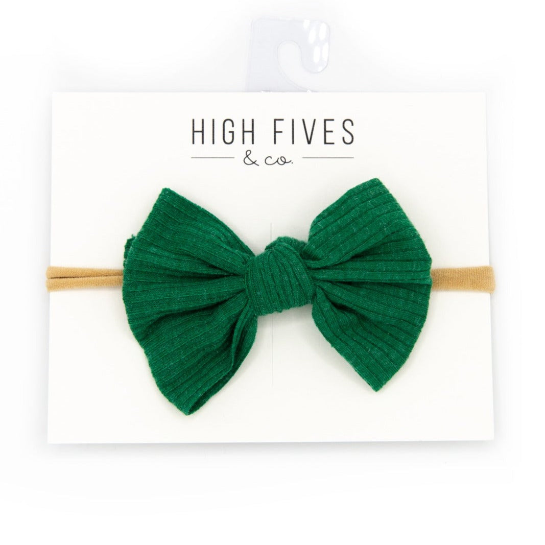 High Fives Ribbed Knitted Bow Nylon Headband - Emerald Green Sparkle