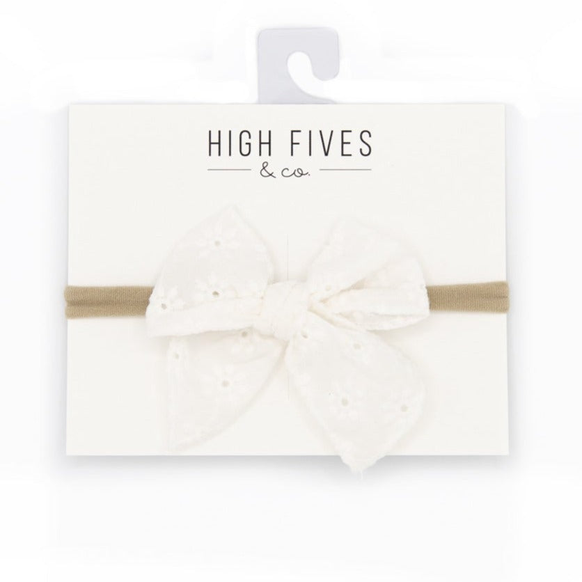 High Fives Eyelet Lace Bow with Pointed Tails on Nylon Headband - White