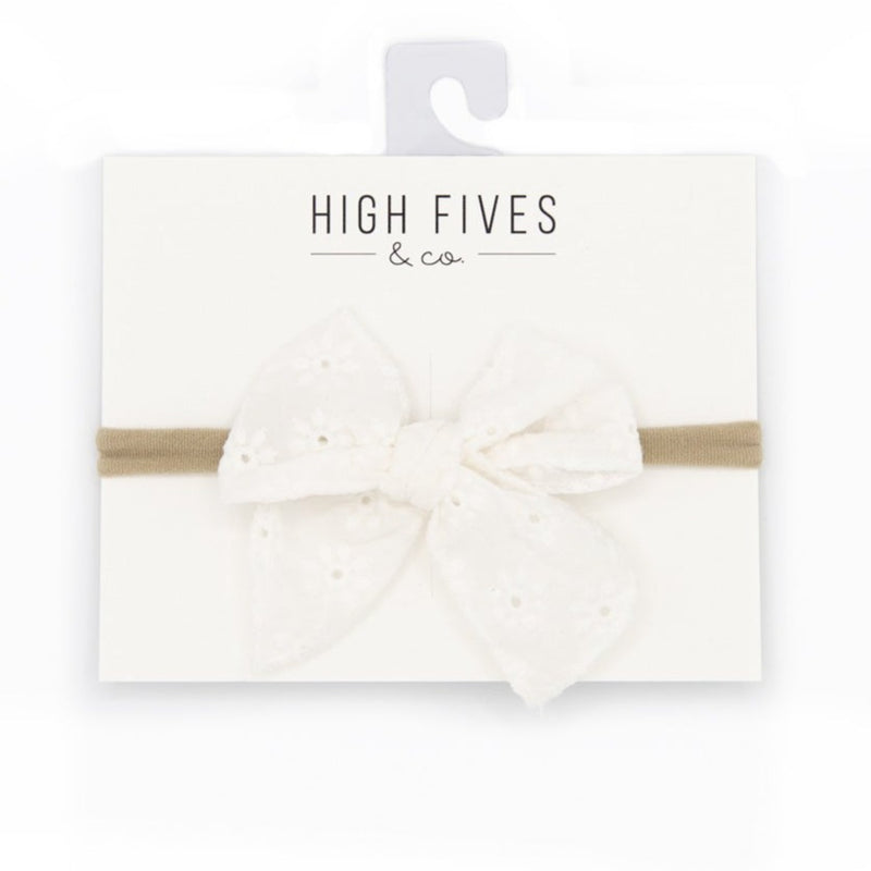 High Fives Eyelet Lace Bow with Pointed Tails on Nylon Headband - White