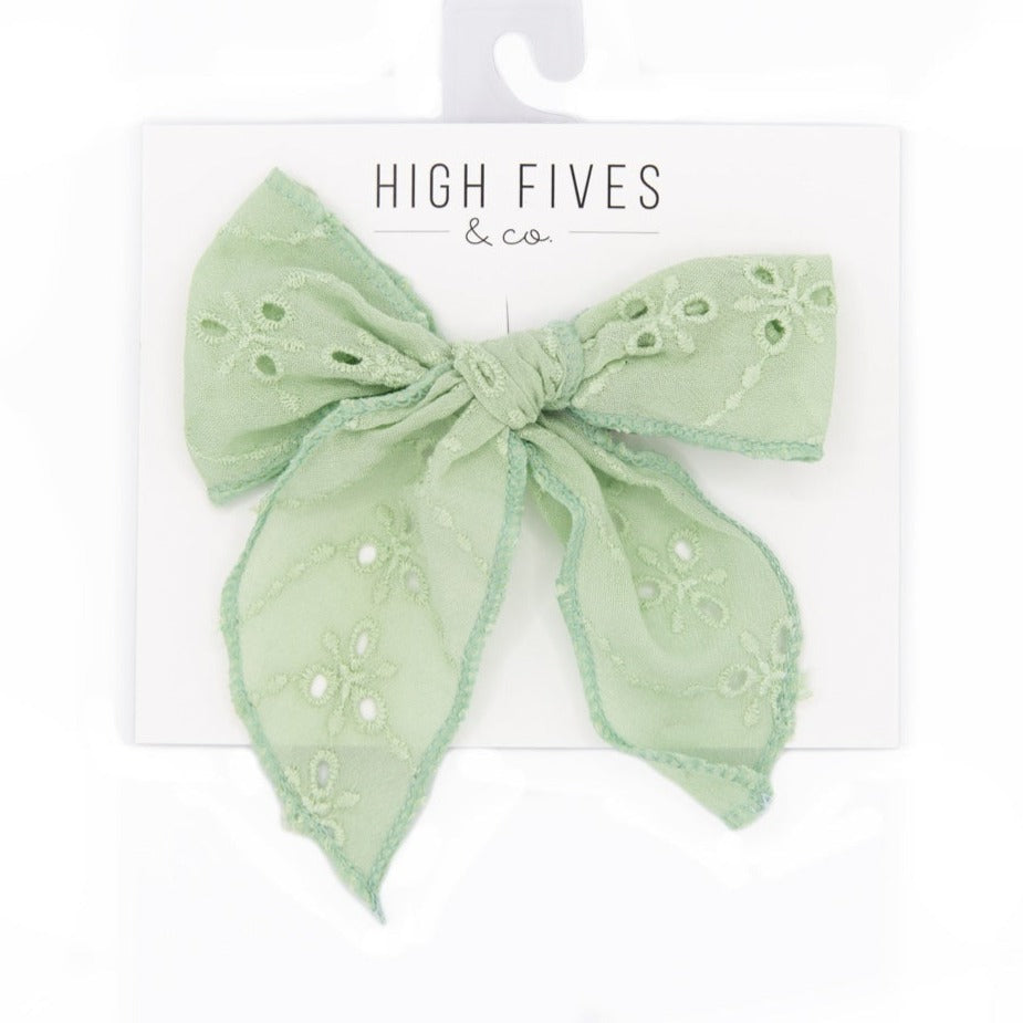 High Fives Eyelet Lace Bow Clip with Long Tails - Spring Green