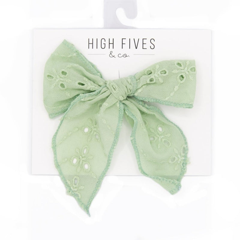 High Fives Eyelet Lace Bow Clip with Long Tails - Spring Green