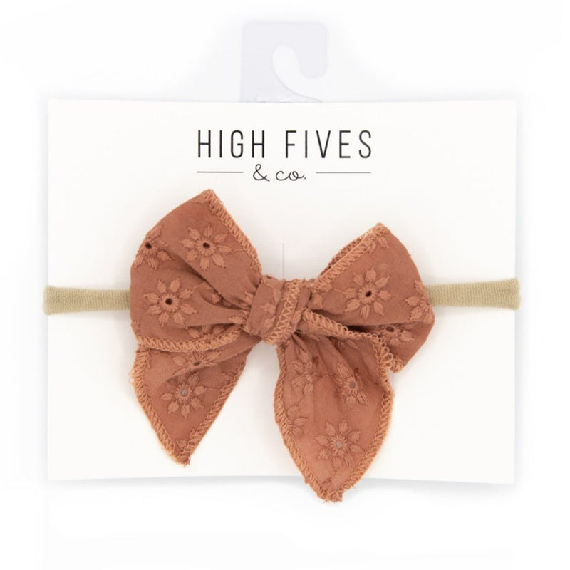 High Fives Eyelet Lace Bow with Pointed Tails on Nylon Headband - Terracotta Pink