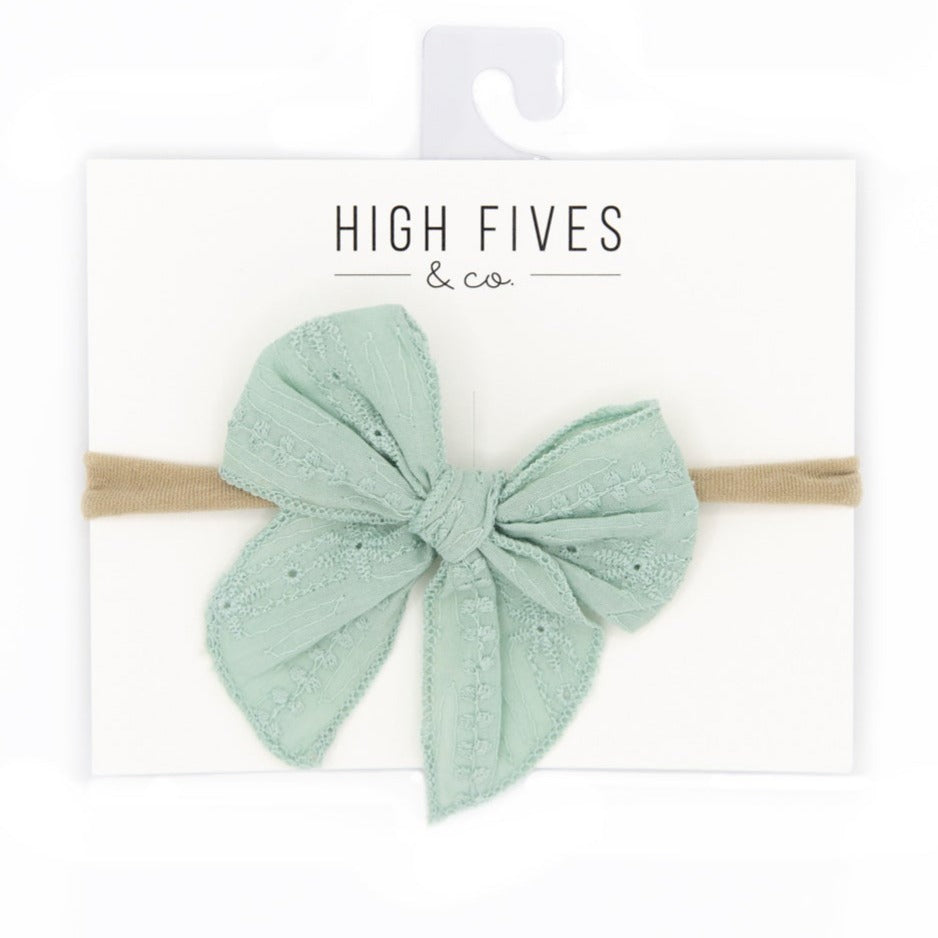 High Fives Eyelet Lace Bow with Pointed Tails on Nylon Headband - Light Blue