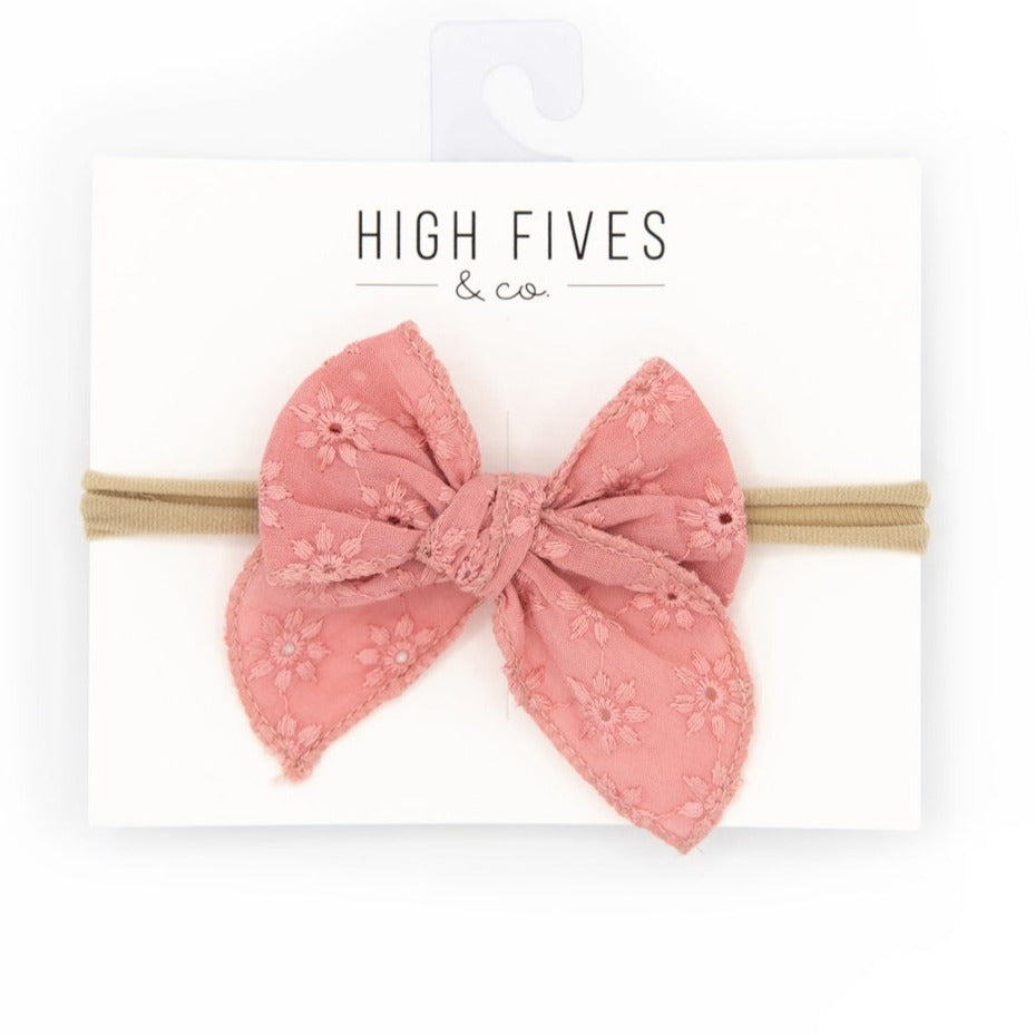 High Fives Eyelet Lace Bow with Pointed Tails on Nylon Headband - Dusty Pink